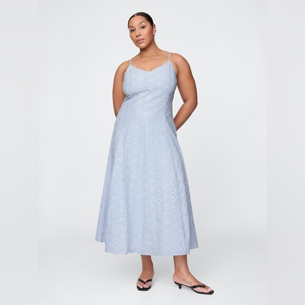 NEW! GAP Blue Stripe Eyelet V-Neck Midi Dress - Size Small #741483 🕹️ - Picture 2 of 4